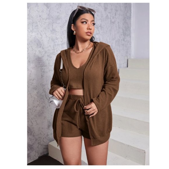 SHEIN Other - Solid Waffle Knit Hooded Coat & Tank Top & Drawstring Shorts